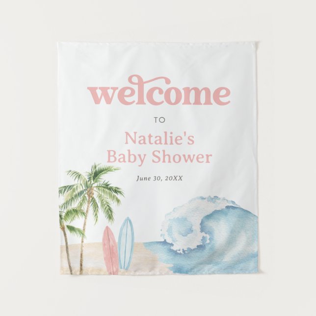 Tenture Signe de bienvenue Baby Shower Surf Baby sur planc (Devant)