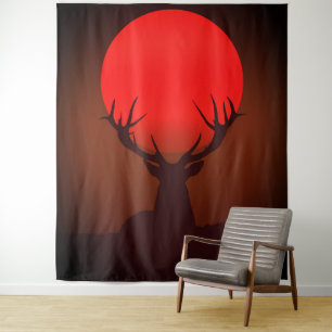 Tenture Silhouette de cerf avec coucher de soleil rouge fe