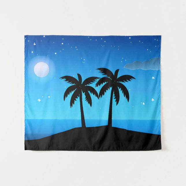 Tenture Silhouette de l'île tropicale avec lune et étoiles (Devant (Horizontal))
