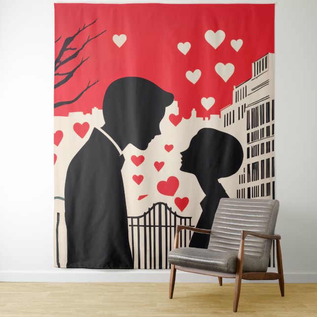 Tenture Silhouette romantique Couple Coeurs Cityscape (En situation)