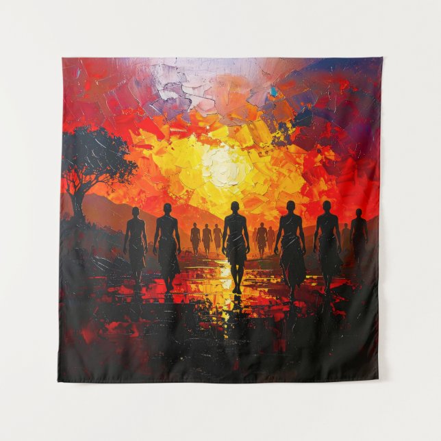 Tenture Silhouettes au coucher du soleil : Marcheurs sur l (Devant)