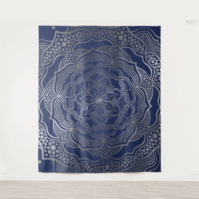 Tenture Silver Mandala Boho Chic Elegant Marine Bleu Éléga (Devant)