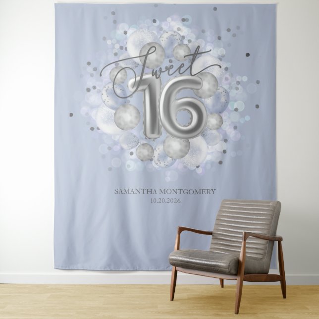 Tenture Silver Sweet 16 Ballons Anniversaires Dusty Blue f (En situation)
