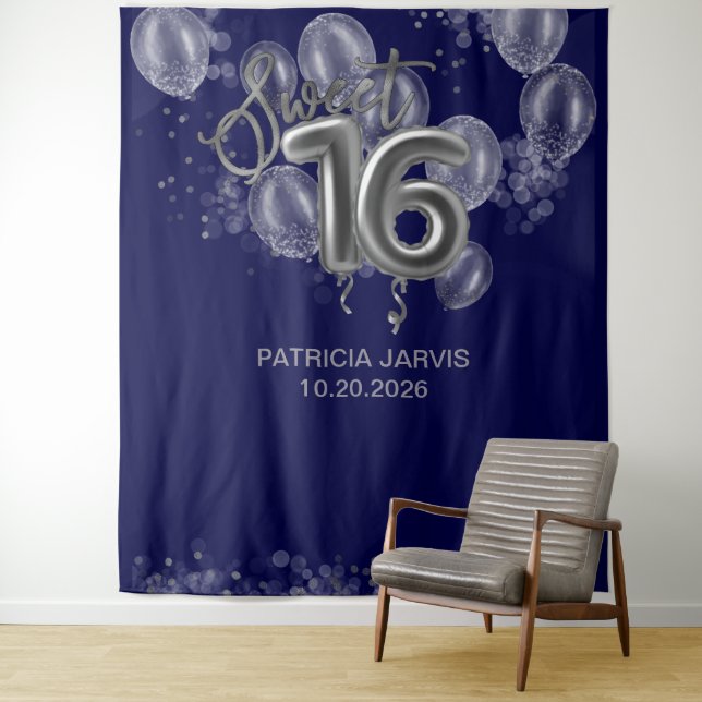 Tenture Silver Sweet 16 Ballons Anniversaires Royal Blue B (En situation)