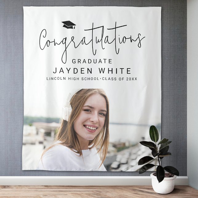 Tenture Simple Modern Script Photo Graduation Party (Simple Modern Script Photo Graduation Party Tapestry)