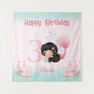Tenture Sirène à cheveux foncé Anniversaire Bannière rose