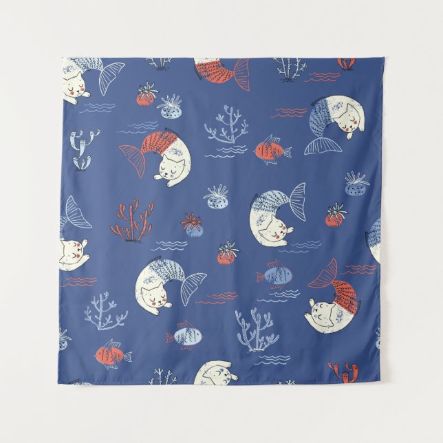 Tenture Sirène de chat, motif transparent texturé. (Devant)