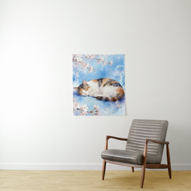 Tenture Sleeping Calico Dreaming of Hanami (En situation)