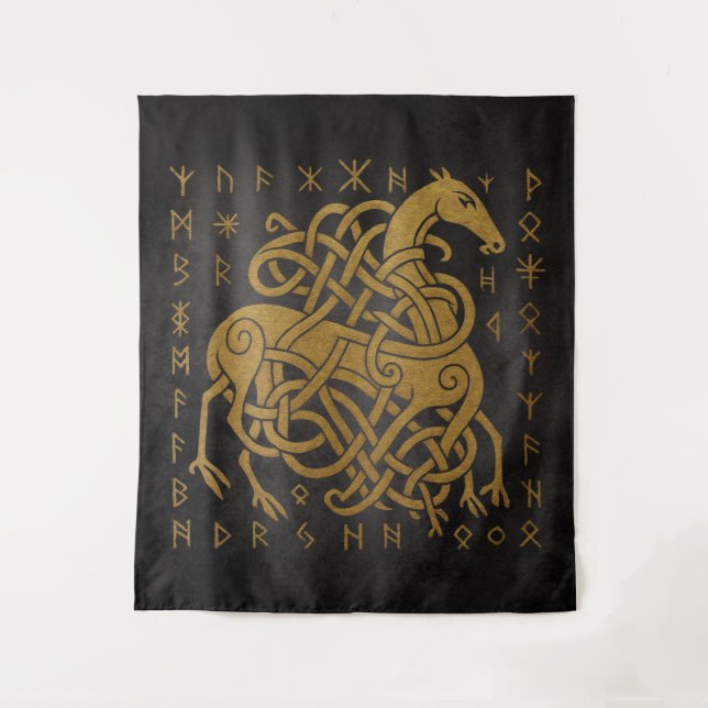 Tenture Sleipnir, Cheval doré nordique avec symbole de run (Devant)