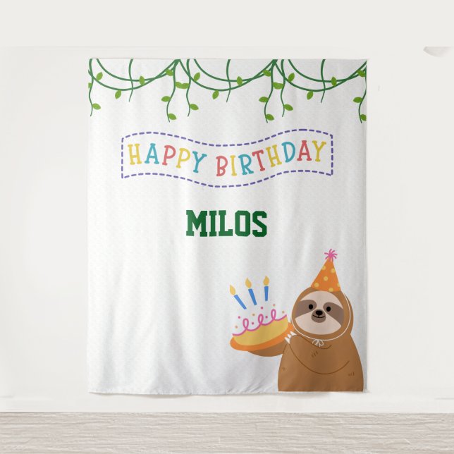 Tenture Sloth Birthday Backdrop Personalized Tapestry (Devant)