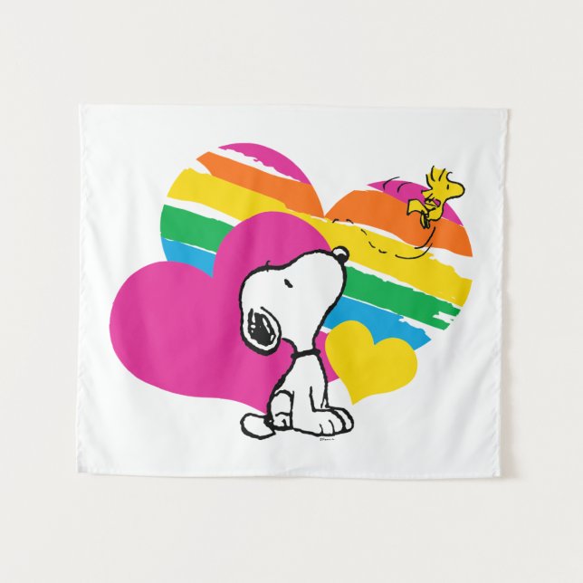 Tenture Snoopy et Woodstock | Coeurs arc-en-ciel (Devant (Horizontal))