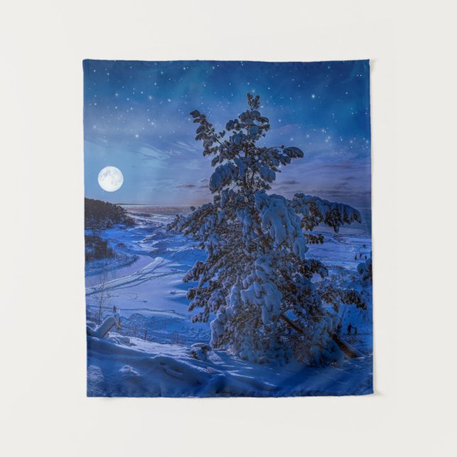 Tenture Snowy Baltic sea coast with fir tree in night (Devant)