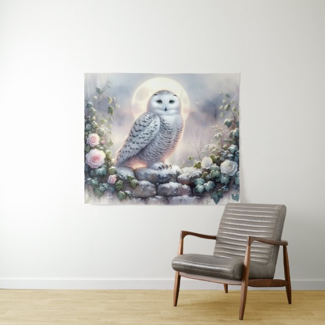 Tenture Snowy Owl in Moonlit Winter Garden (En situation (horizontale))
