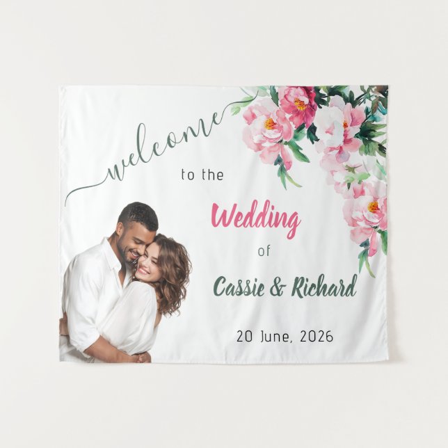 Tenture Soft Pink Peony & Eucalyptus Floral Wedding Banner (Devant (Horizontal))
