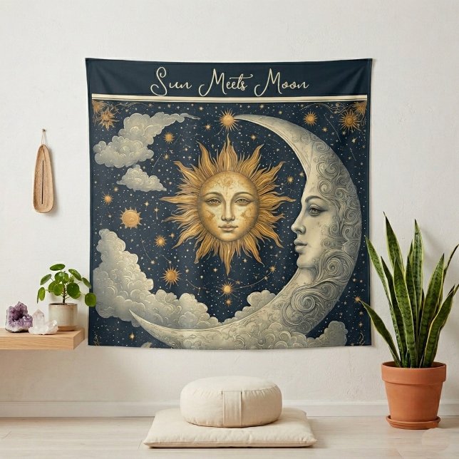 Tenture Soleil Céleste Rencontre Zodiaque Lune Cosmos Spir (Celestial Sun Meets Moon Zodiac Spiritual Cosmos Tapestry)