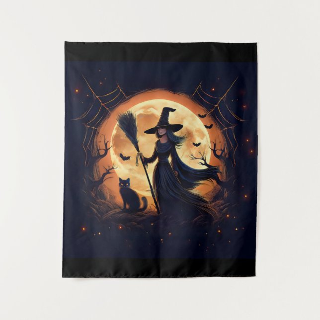 Tenture Sorcière de Joyeux Halloween à minuit (Devant)