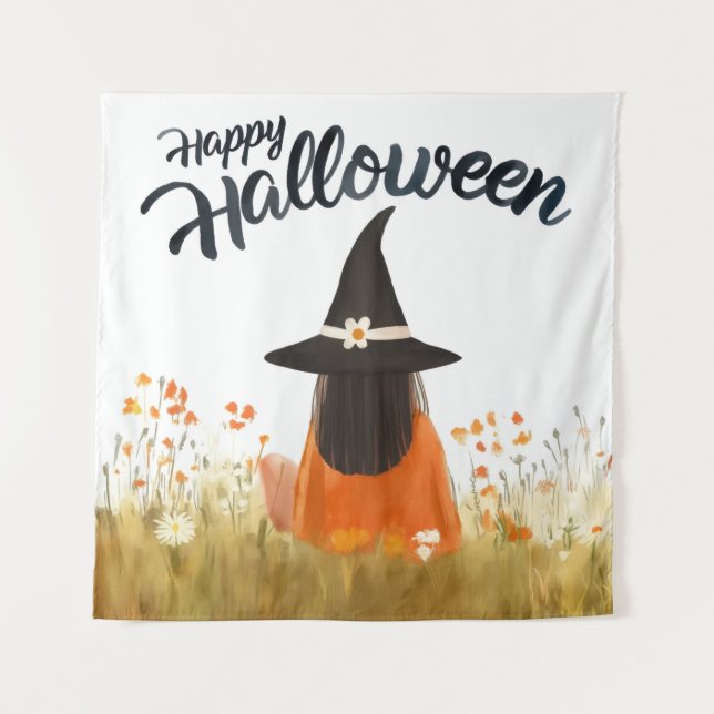 Tenture Sorcière d'Halloween dans un champ de fleurs (Devant)