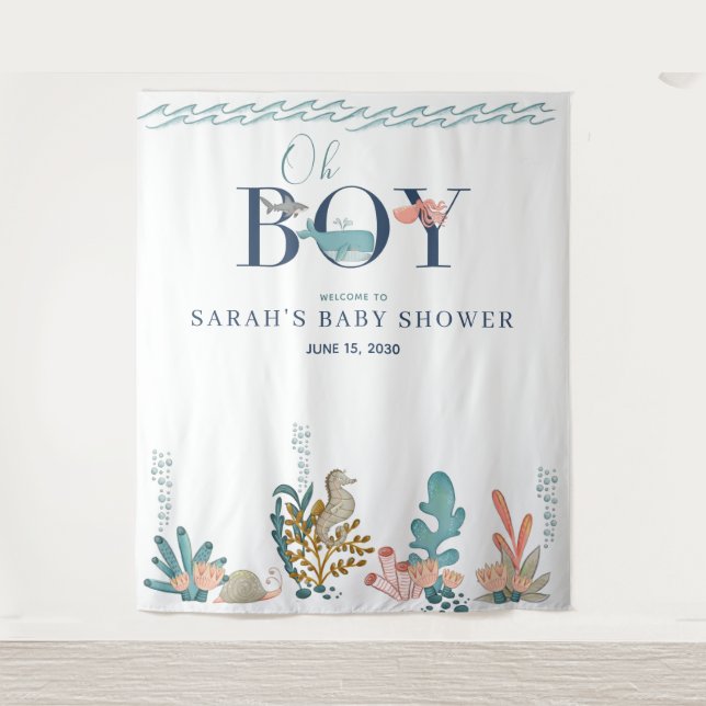 Tenture Sous l'aquarelle bleu mer Oh Baby shower garçon (Devant)