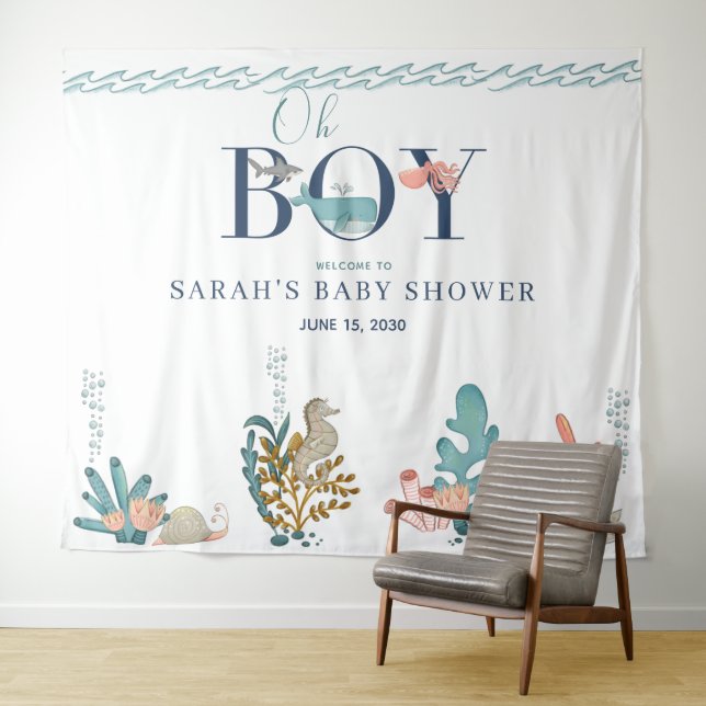 Tenture Sous l'eau Bleu Aquarelle Oh Garçon Baby Shower T (En situation (horizontale))