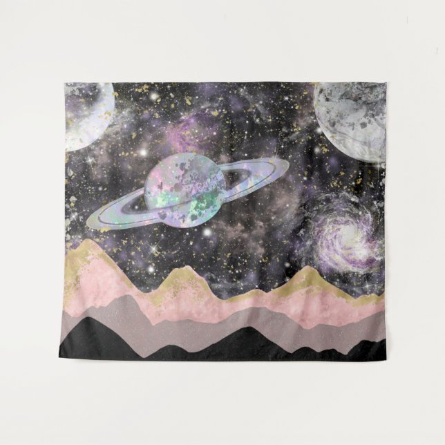 Tenture Space Mountains Gold Starry Sky Galaxy Planètes (Devant (Horizontal))