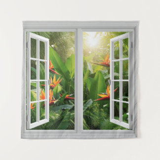 Tenture Square White Window with Tropical Scenic View