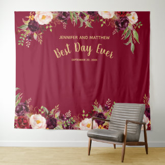 Tenture Stand de photomaton de mariage floral bordeaux or