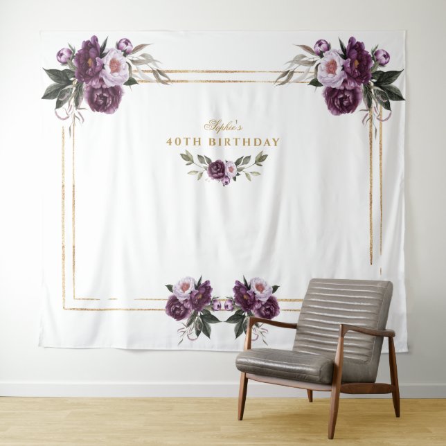 Tenture Stand Photo Booth Fleurs Rose Violet Or 40e Annive (En situation (horizontale))