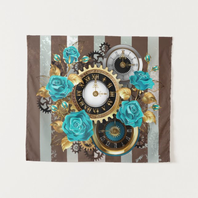 Tenture Steampunk Clock and Turquoise Roses on Striped (Devant (Horizontal))