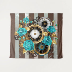 Tenture Steampunk Clock and Turquoise Roses on Striped