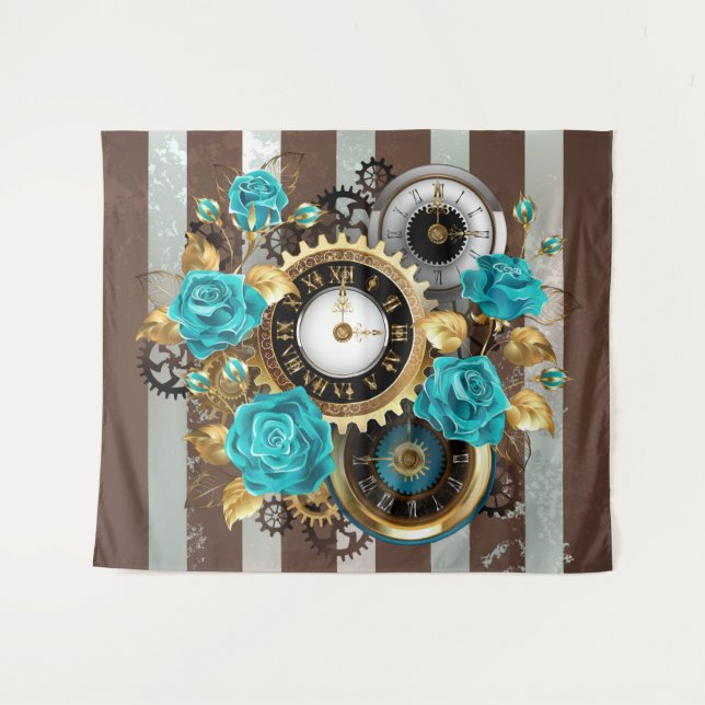 Tenture Steampunk Clock and Turquoise Roses on Striped (Devant (Horizontal))