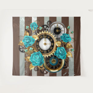 Tenture Steampunk Clock and Turquoise Roses on Striped