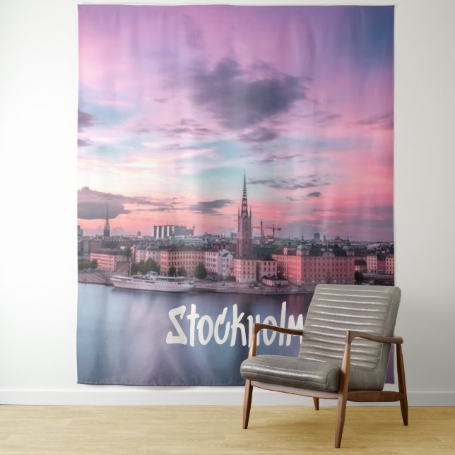 Tenture Stockholm Capitale de Suède Skyline de Nuit (En situation)