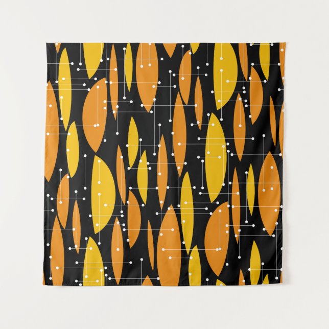 Tenture Style atomique, motif géométrique noir orange. (Devant)