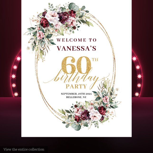 Tenture Stylé Bourgogne Or Eucalyptus 60e Anniversaire  (Stylish Burgundy Gold Eucalyptus 60th Birthday Banner)