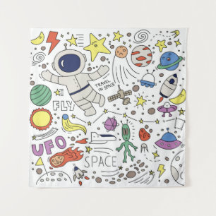 Tenture Style Doodle, illustration du thème spatial.