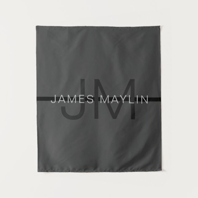 Tenture Stylé Masculin Gris Foncé Nom & Monogramme  (Devant)