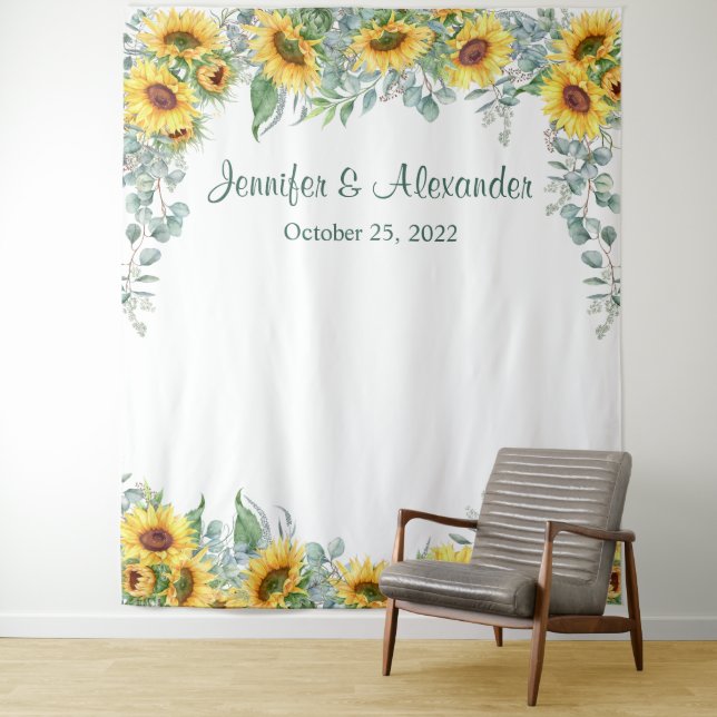 Tenture Sunflowers Eucalyptus Mariage Photo Booth fond (En situation)