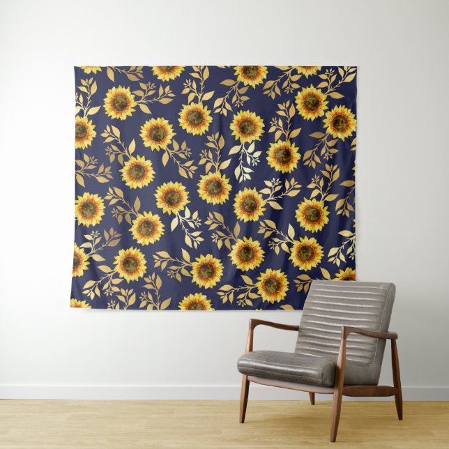 Tenture Sunny Yellow Gold Navy Feuille Motif (En situation (horizontale))