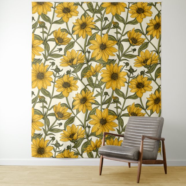 Tenture Sunroot, tournesol sauvage sur blanc (En situation)