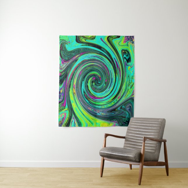 Tenture Super Abstrait Retro Green et Magenta Swirl (En situation)