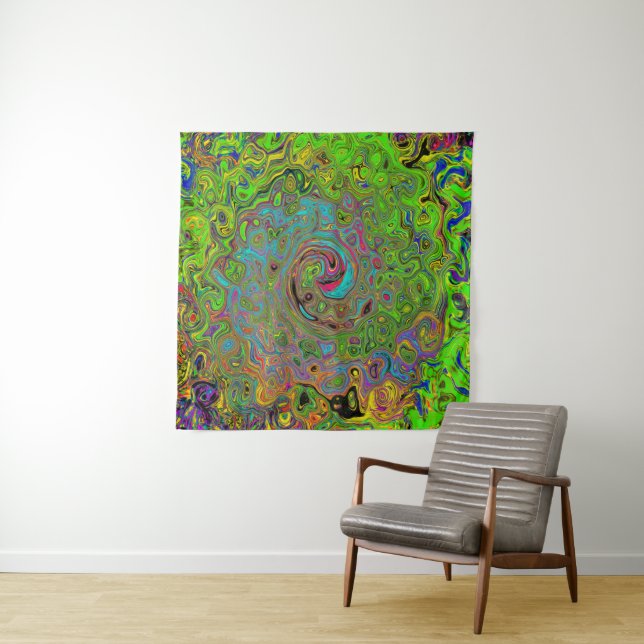 Tenture Super Abstrait Retro Lime Green et Blue Swirl (En situation)