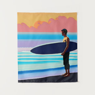 Tenture Surfer debout sur une plage au coucher du soleil