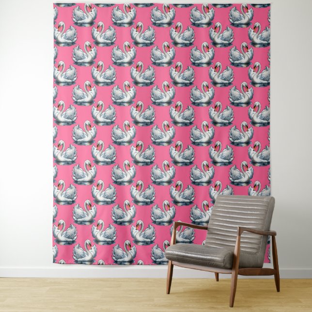Tenture Swan Birds Pattern Design On Pink (En situation)