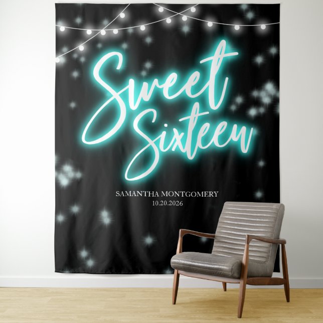Tenture Sweet 16 Anniversaire Turquoise Neon brillant fond (En situation)