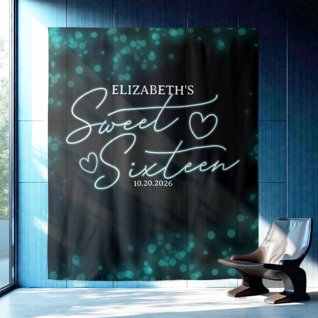 Tenture Sweet 16 Anniversaire Turquoise Neon Llow fond (Créateur téléchargé)