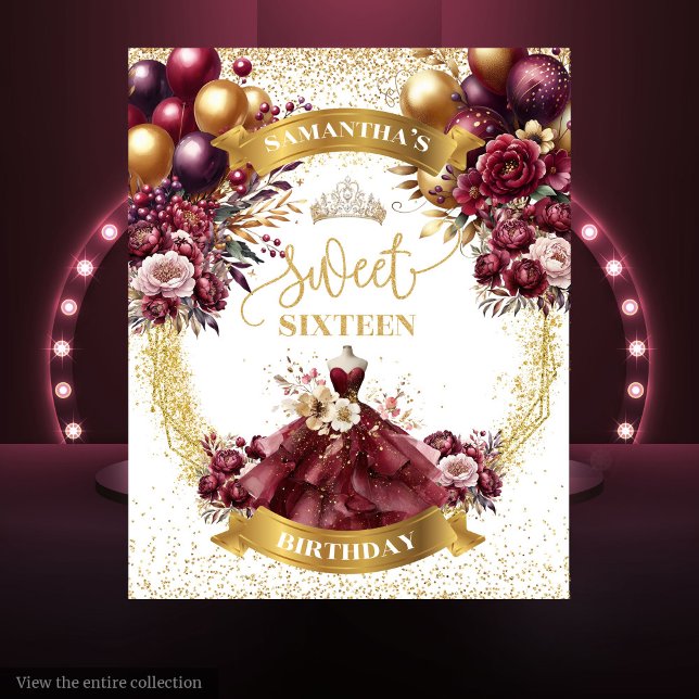 Tenture Sweet 16 Aquarelle Arrière-plan Fleurs Bourgogne O (Sweet 16 Watercolor Backdrop Burgundy Flowers Gold)
