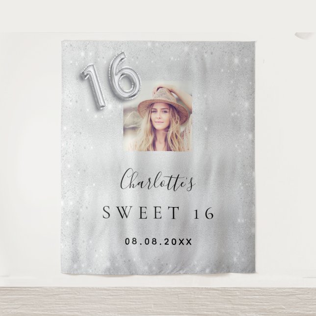 Tenture Sweet 16 argent parties scintillant photo bienvenu (Devant)