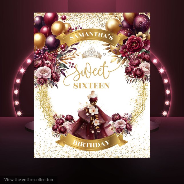 Tenture Sweet 16 fond Bourgogne Balloons Parties scintilla (Sweet 16 Backdrop Burgundy Balloons Gold Glitter Glam)