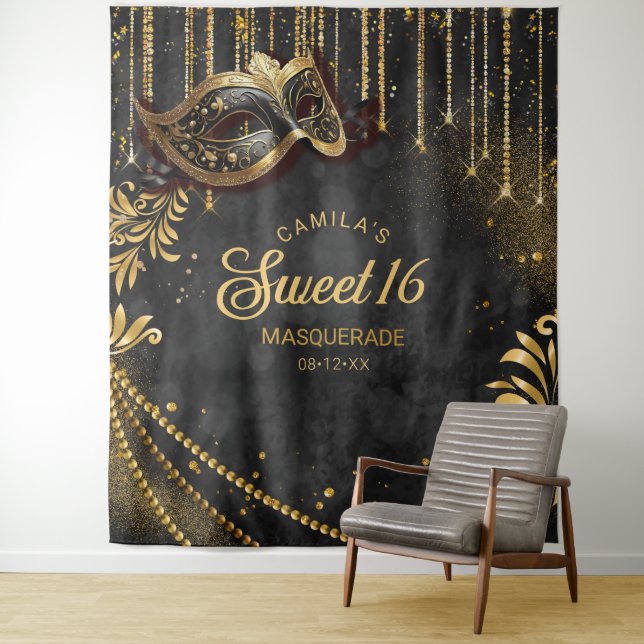 Tenture Sweet 16 Masquerade Black Photo Backdrop ID1032 (En situation)