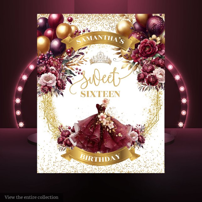 Tenture Sweet 16 Party fond Bourgogne robe Parties scintil (Sweet 16 Party Backdrop Burgundy Dress Glitter)